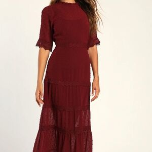 Lulus Wine Red Swiss Dot Midi Dress